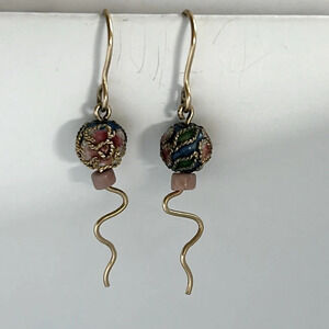 Cloissone earrings. Gold. Drop. Lightweight. Victorian bead